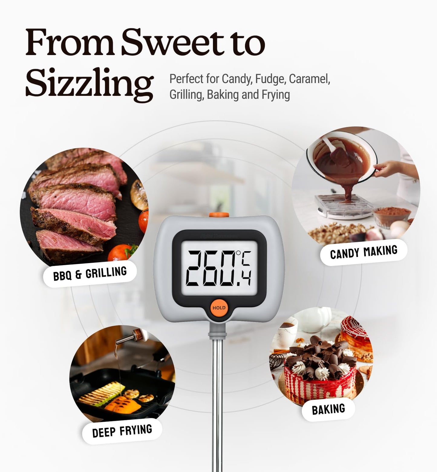 Digital Candy Thermometer with Pot Clip, Instant Read Kitchen Thermometer for Cooking, Baking, and Candy Making – 10" Stainless Steel Probe, LCD Display, Essential Baking Tool