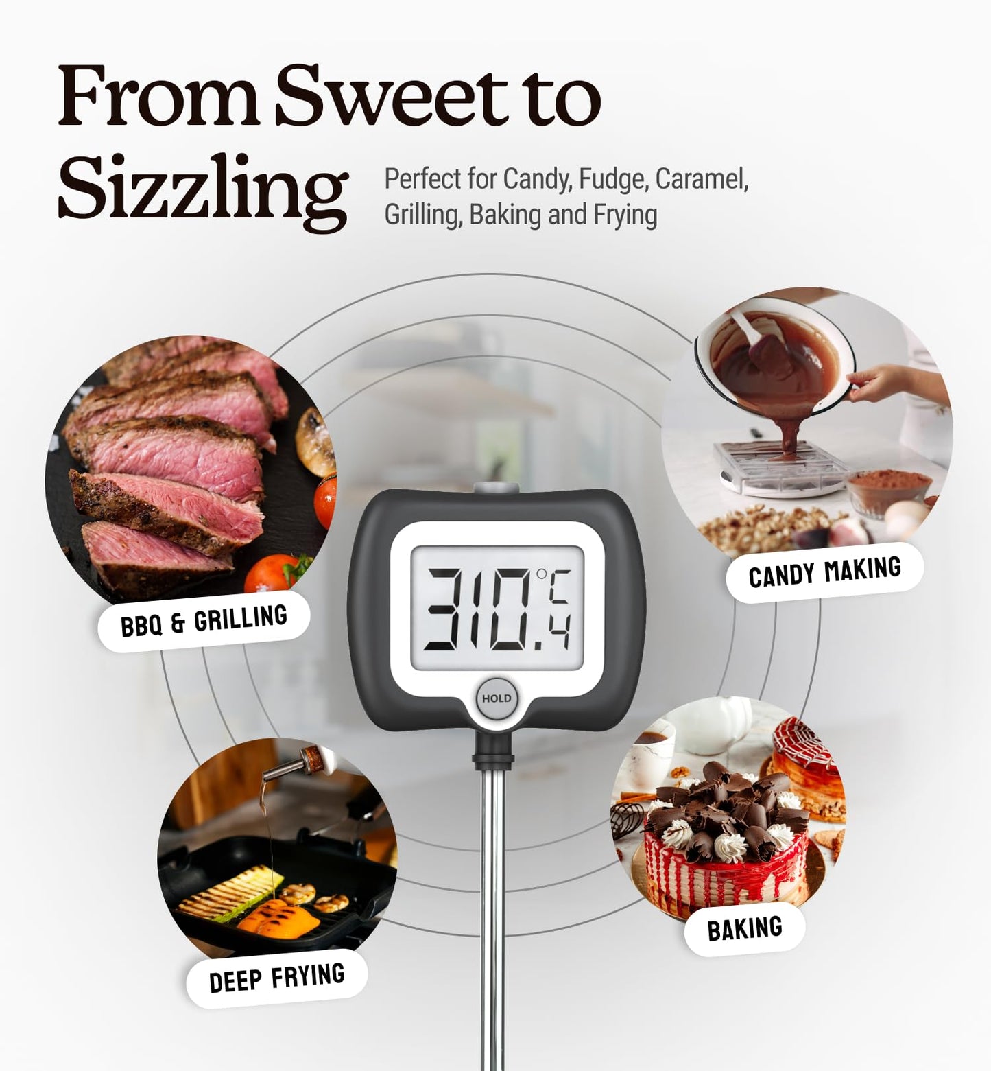 Digital Candy Thermometer with Pot Clip, Instant Read Kitchen Thermometer for Cooking, Baking, and Candy Making – 10" Stainless Steel Probe, LCD Display, Essential Baking Tool