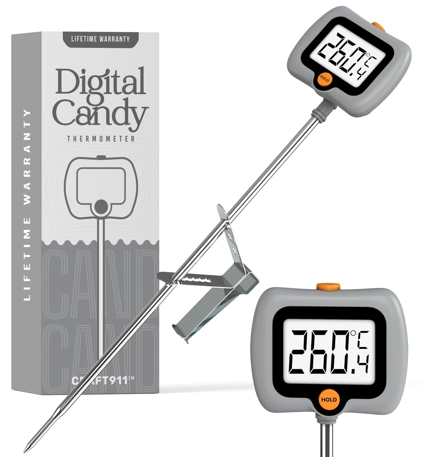Digital Candy Thermometer with Pot Clip, Instant Read Kitchen Thermometer for Cooking, Baking, and Candy Making – 10" Stainless Steel Probe, LCD Display, Essential Baking Tool