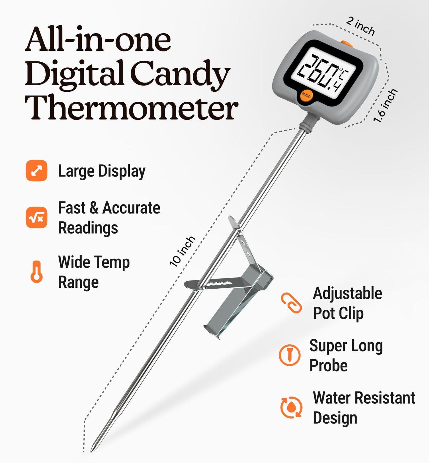Digital Candy Thermometer with Pot Clip, Instant Read Kitchen Thermometer for Cooking, Baking, and Candy Making – 10" Stainless Steel Probe, LCD Display, Essential Baking Tool
