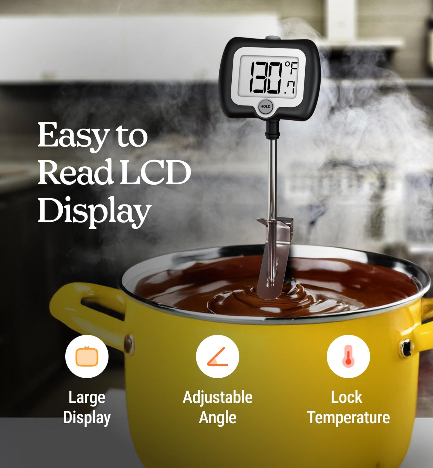 Digital Candy Thermometer with Pot Clip, Instant Read Kitchen Thermometer for Cooking, Baking, and Candy Making – 10" Stainless Steel Probe, LCD Display, Essential Baking Tool