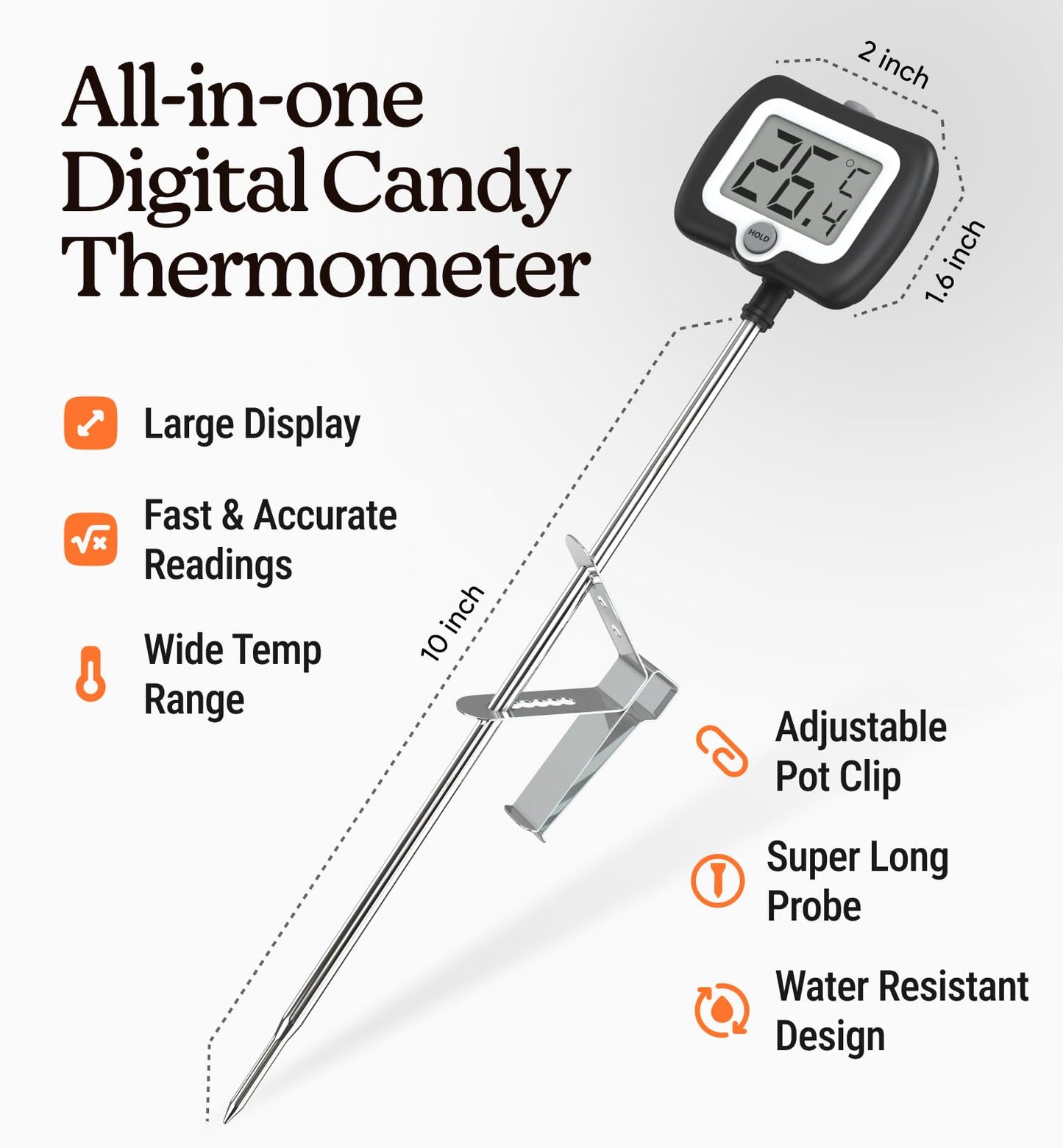 Digital Candy Thermometer with Pot Clip, Instant Read Kitchen Thermometer for Cooking, Baking, and Candy Making – 10" Stainless Steel Probe, LCD Display, Essential Baking Tool