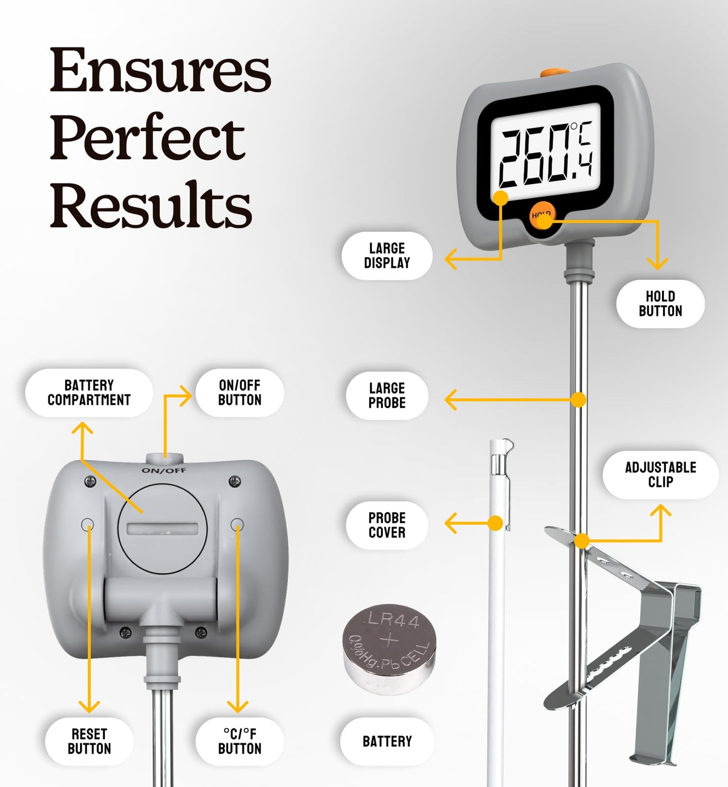 Digital Candy Thermometer with Pot Clip, Instant Read Kitchen Thermometer for Cooking, Baking, and Candy Making – 10" Stainless Steel Probe, LCD Display, Essential Baking Tool