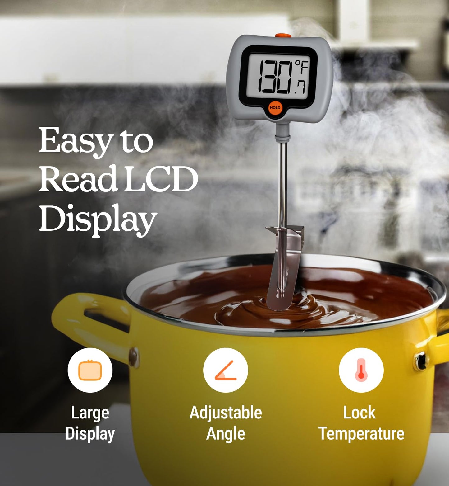 Digital Candy Thermometer with Pot Clip, Instant Read Kitchen Thermometer for Cooking, Baking, and Candy Making – 10" Stainless Steel Probe, LCD Display, Essential Baking Tool