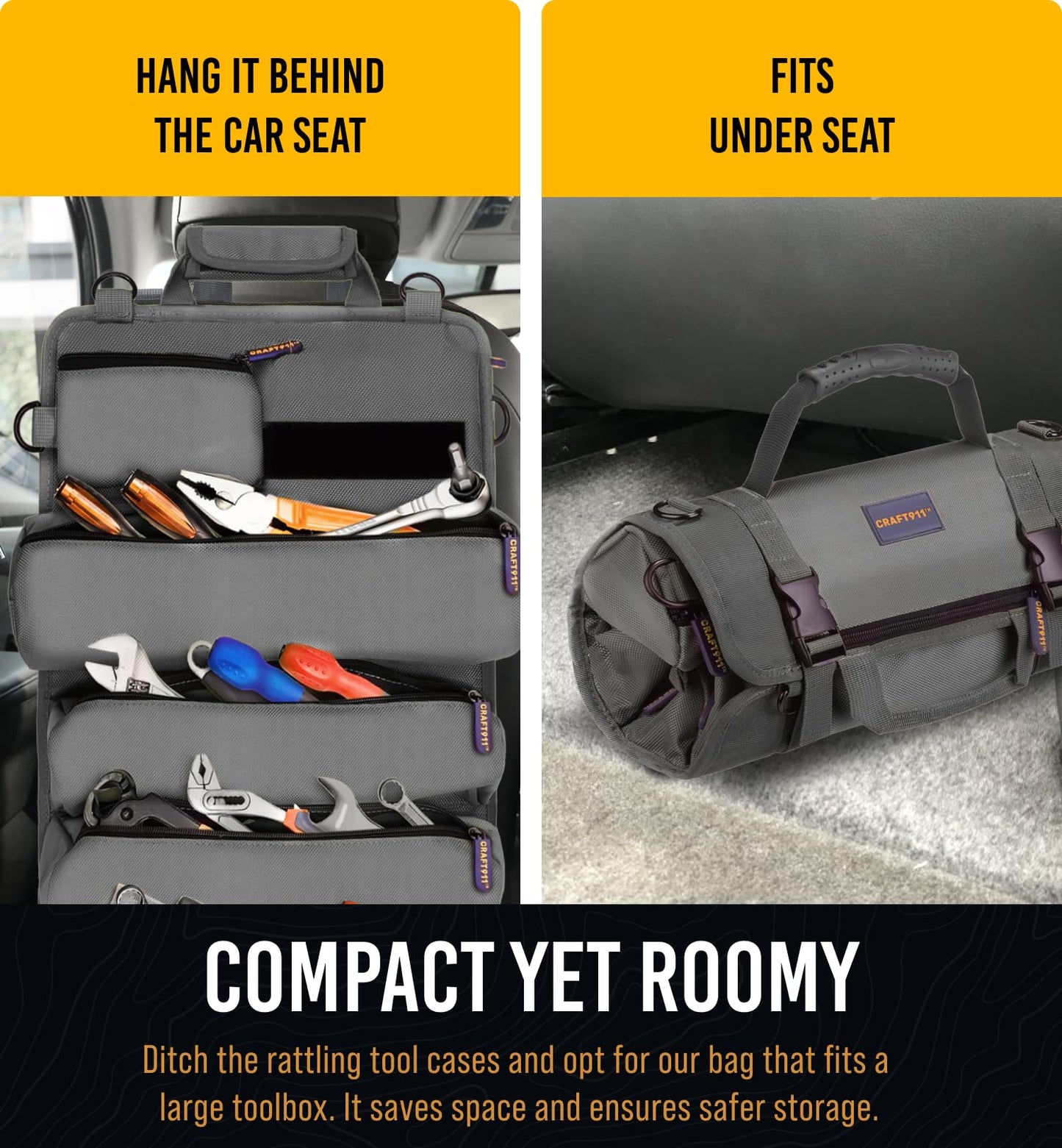 TOUGHEST Roll Up Tool Bag Organizer - 7 Pouches (3 Detachable) Compact Portable Tool Storage Box - 1680D Waterproof Small Tool Bag for Car - Gifts for Dad Mechanic Electrician