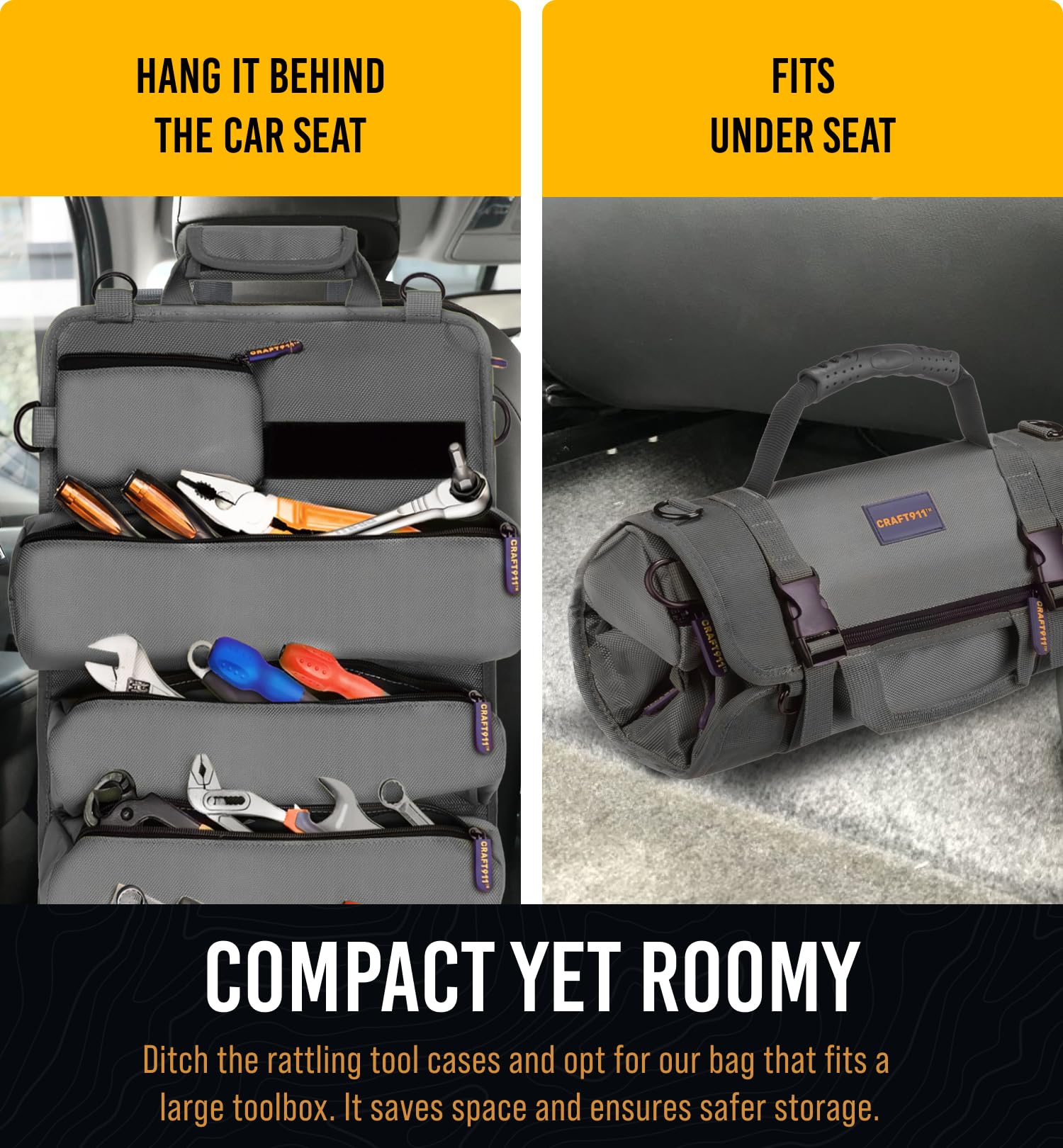 TOUGHEST Roll Up Tool Bag Organizer - 7 Pouches (3 Detachable) Compact Portable Tool Storage Box - 1680D Waterproof Small Tool Bag for Car - Gifts for Dad Mechanic Electrician