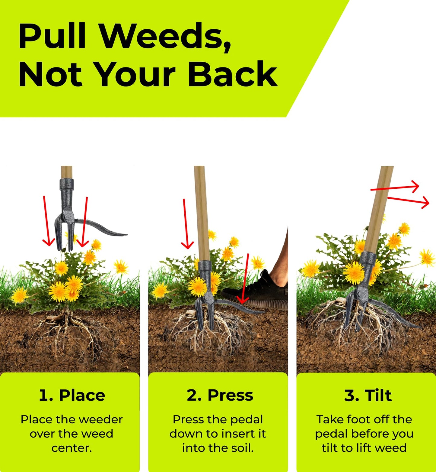 Heavy Duty Weed Puller Tool – Dandelion Weeding Tool – Long Bamboo Handle, Stainless Steel 4 Claw Weeder - Easily Remove Weeds Without Bending