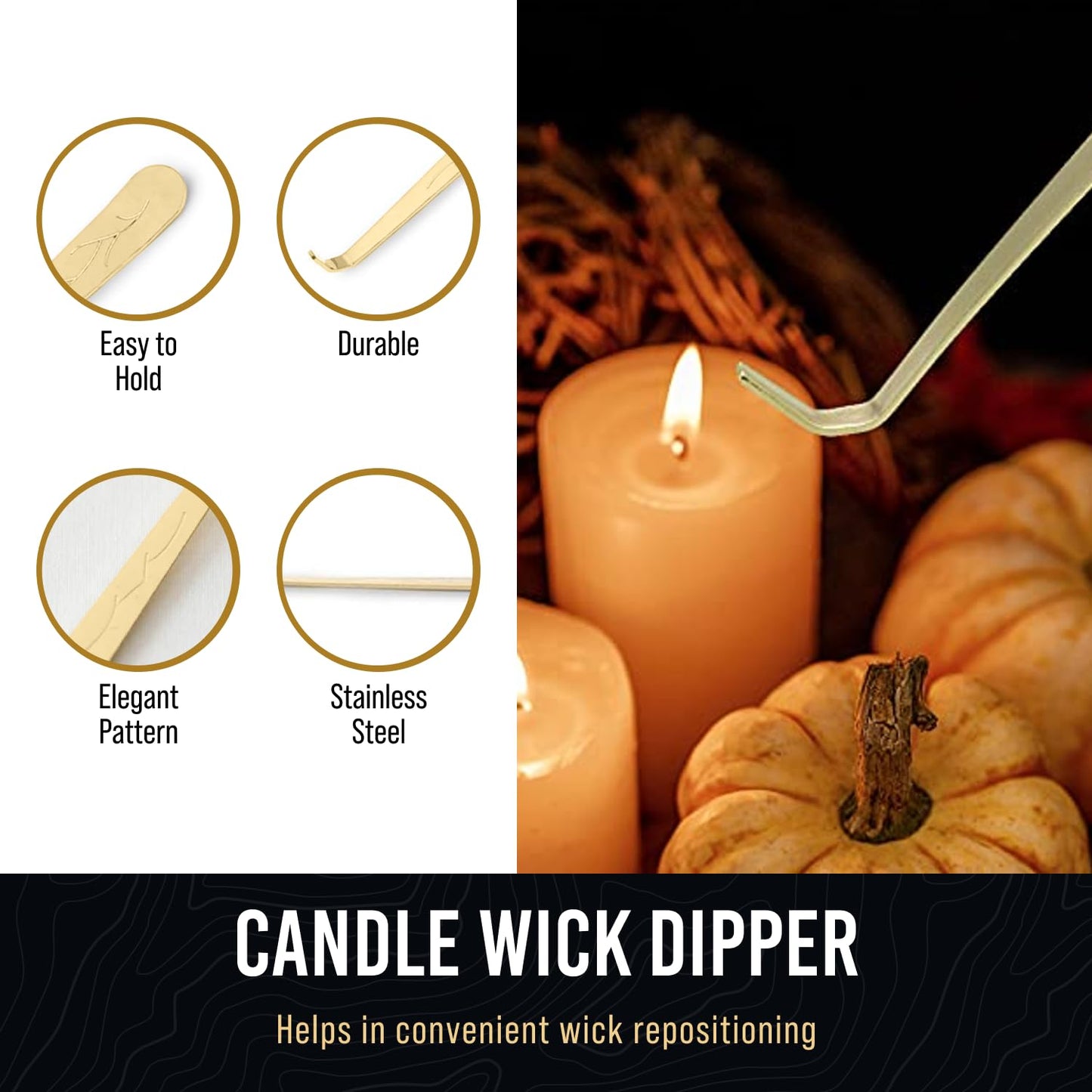 Elegant 3-in-1 Golden Candle Care Kit: Wick Trimmer, Snuffer, Dipper for Candle Enthusiasts