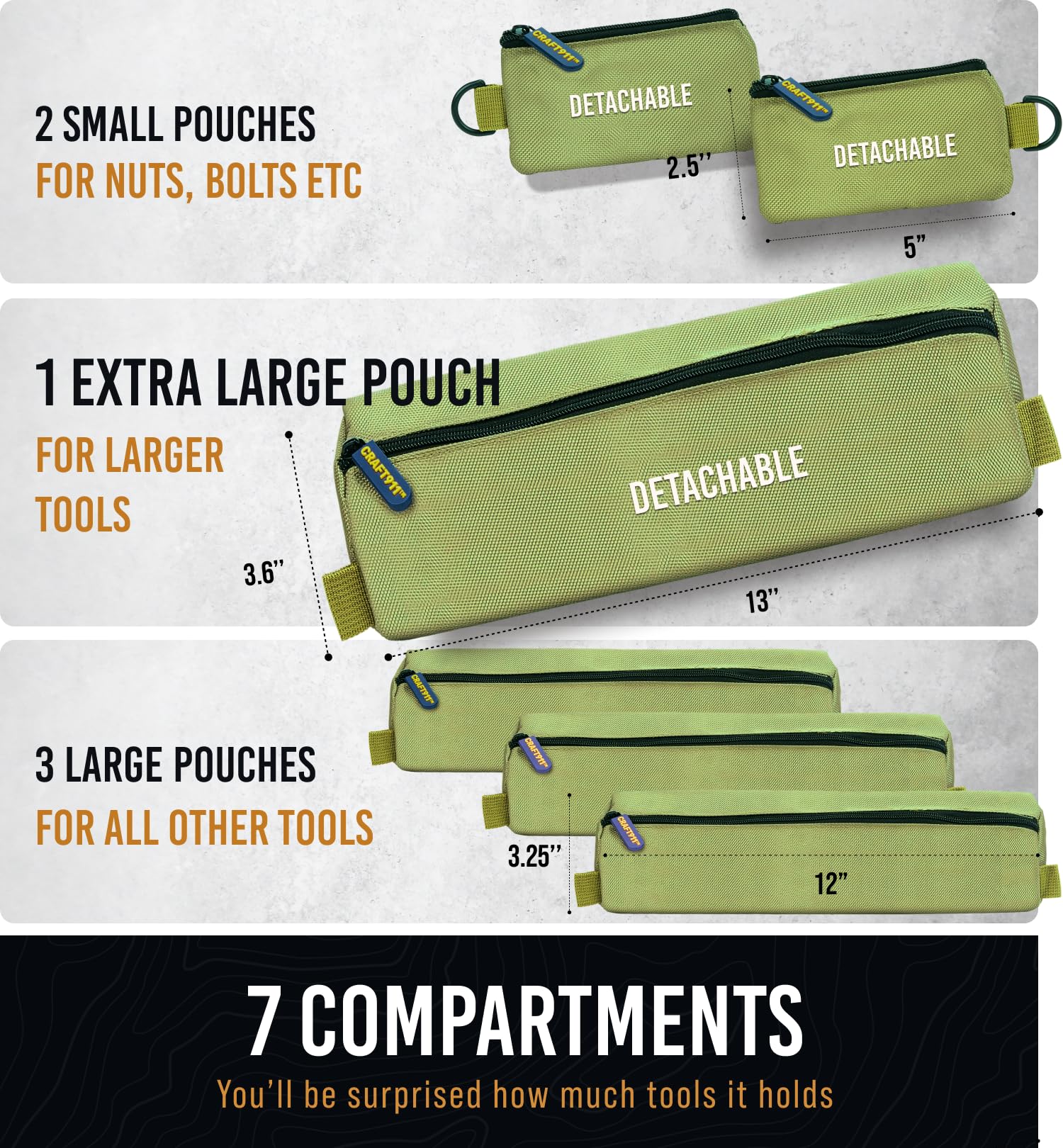 TOUGHEST Roll Up Tool Bag Organizer - 7 Pouches (3 Detachable) Compact Portable Tool Storage Box - 1680D Waterproof Small Tool Bag for Car - Gifts for Dad Mechanic Electrician