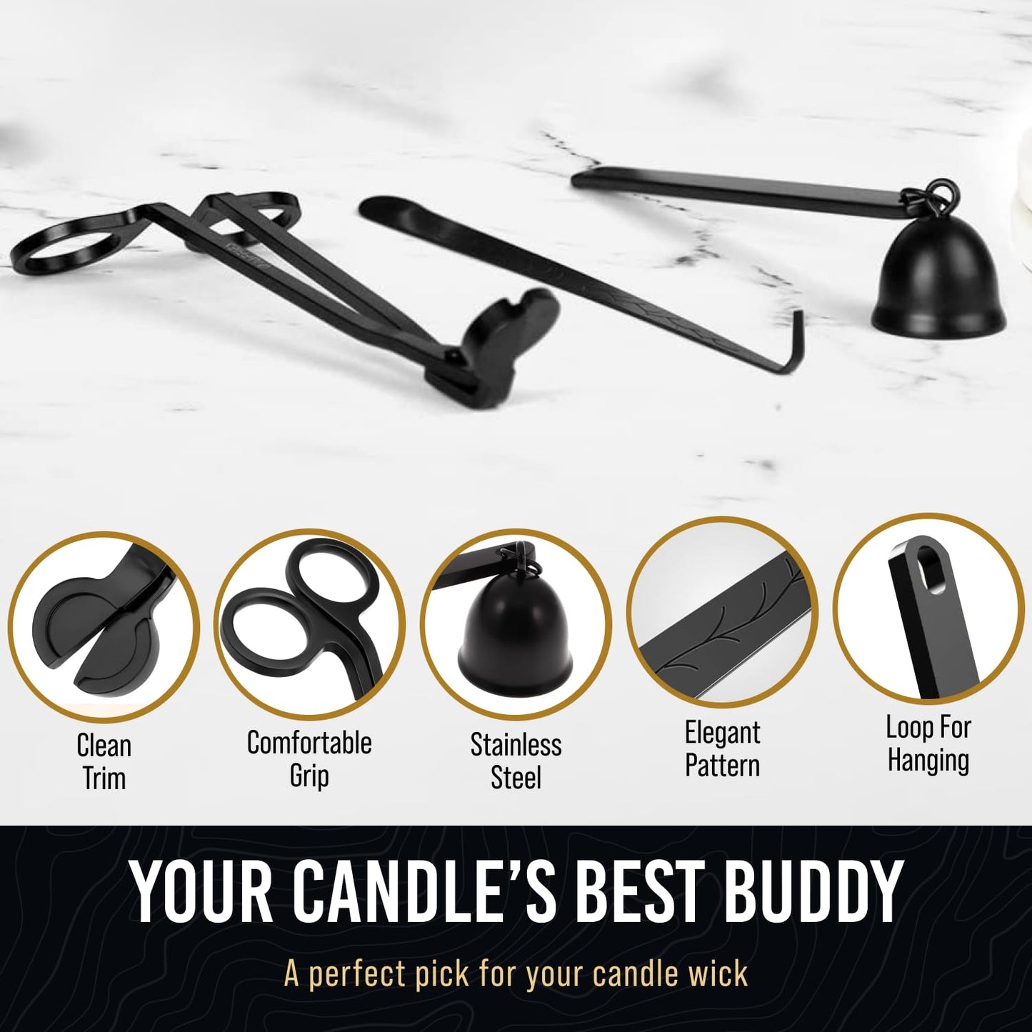 Elegant 3-in-1 Golden Candle Care Kit: Wick Trimmer, Snuffer, Dipper for Candle Enthusiasts