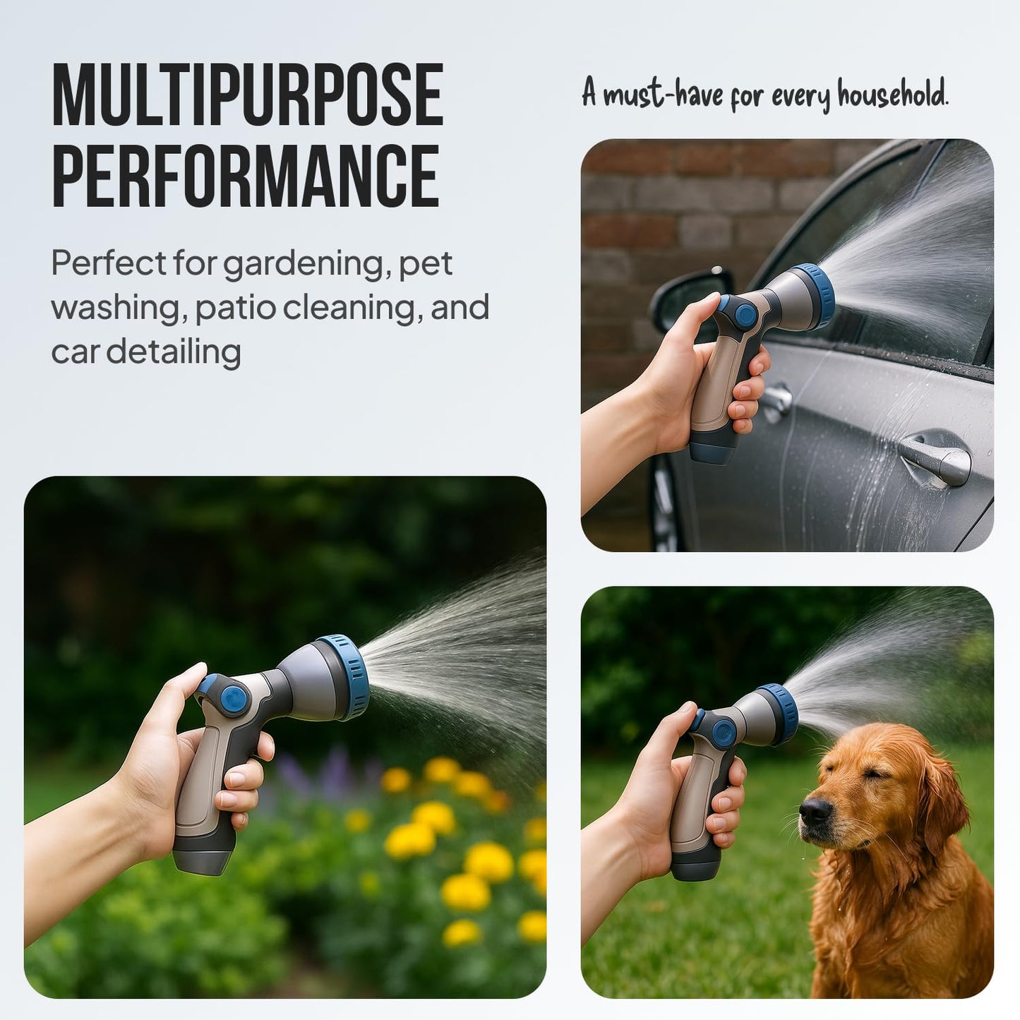 Garden Hose Nozzle – 8-Pattern Hose Sprayer with Thumb Control – Watering Tool for Garden, Car Wash, Lawn Care &amp; Pet Shower