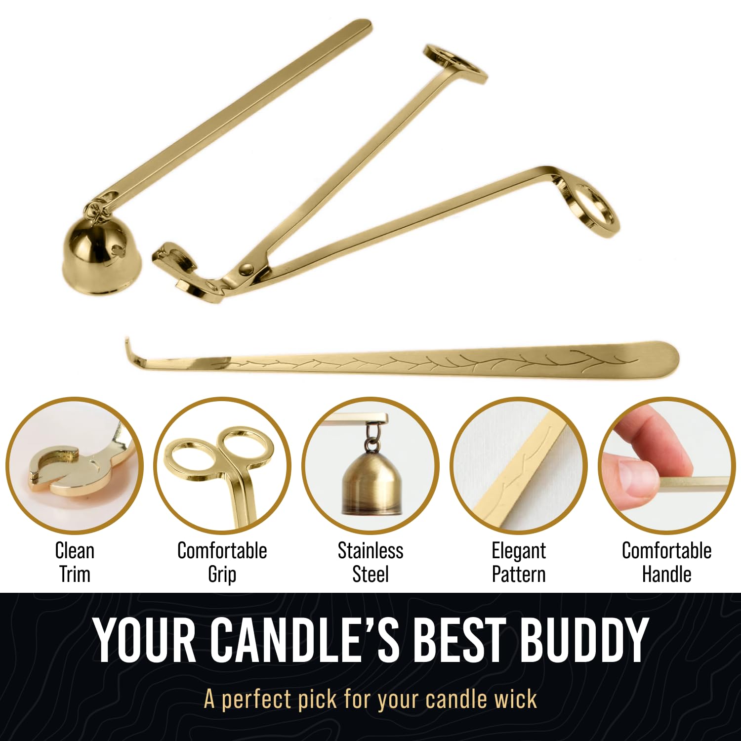 Elegant 3-in-1 Golden Candle Care Kit: Wick Trimmer, Snuffer, Dipper for Candle Enthusiasts