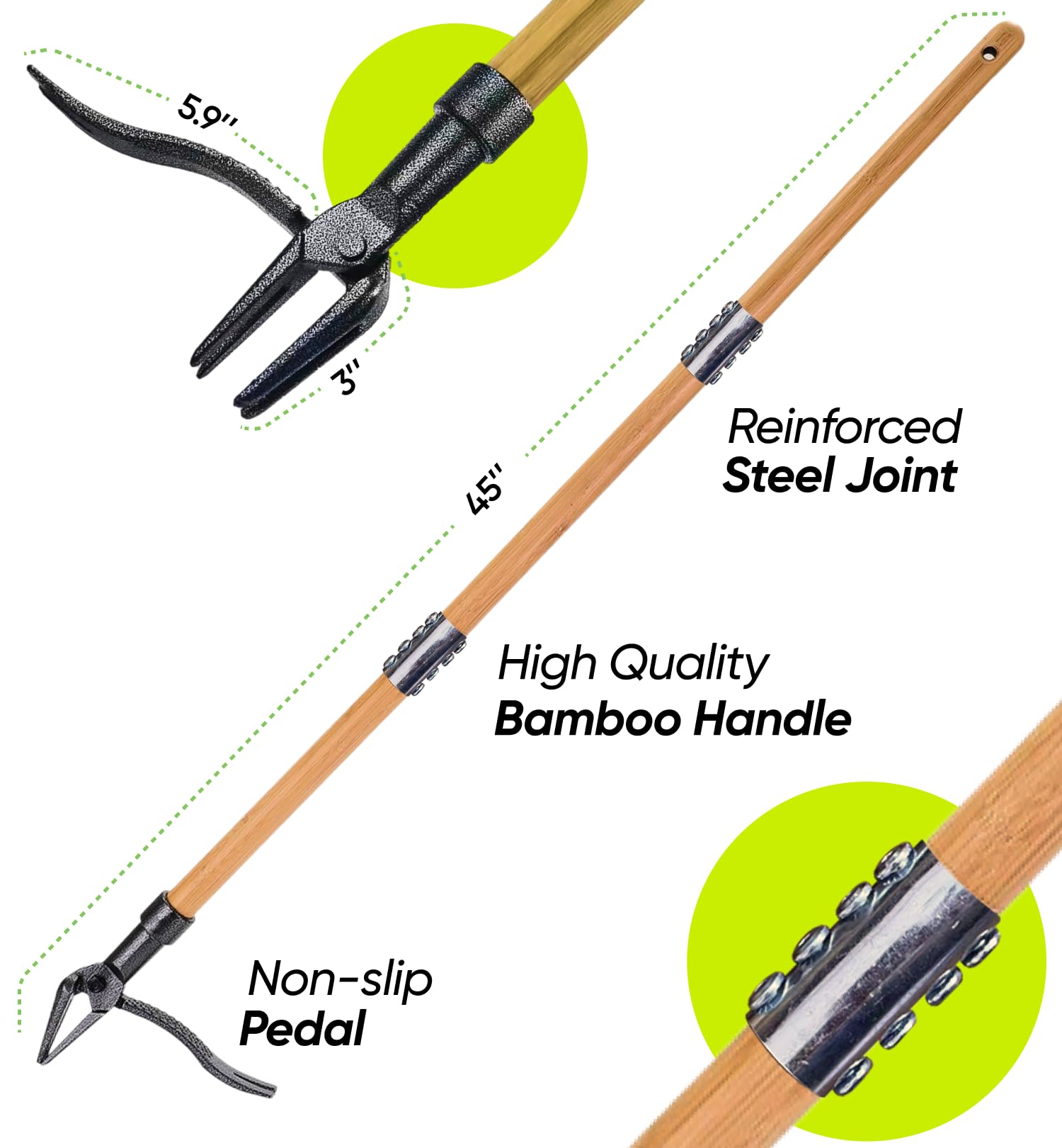 Heavy Duty Weed Puller Tool – Dandelion Weeding Tool – Long Bamboo Handle, Stainless Steel 4 Claw Weeder - Easily Remove Weeds Without Bending