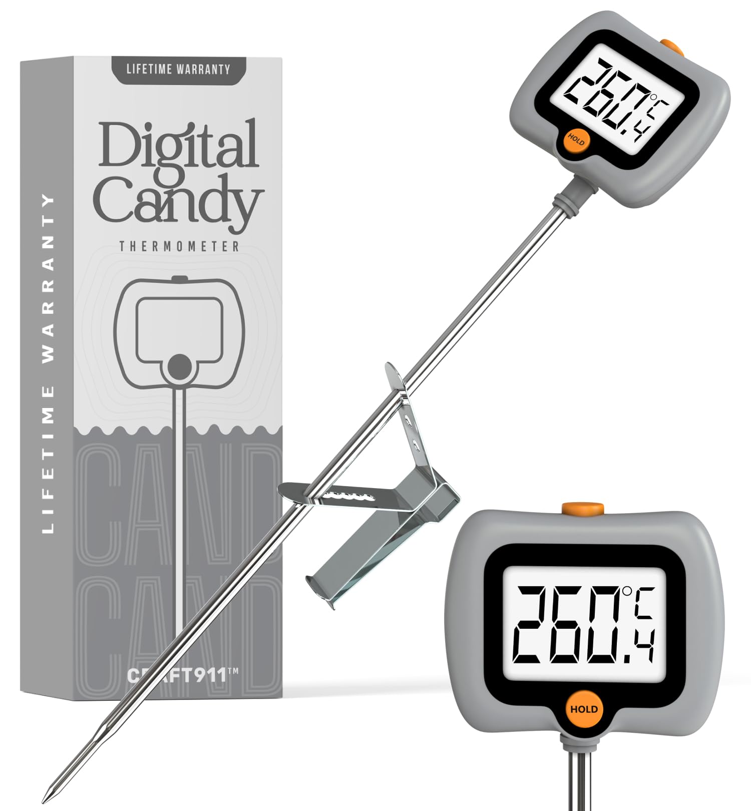 Digital Candy Thermometer with Pot Clip, Instant Read Kitchen Thermometer for Cooking, Baking, and Candy Making – 10" Stainless Steel Probe, LCD Display, Essential Baking Tool