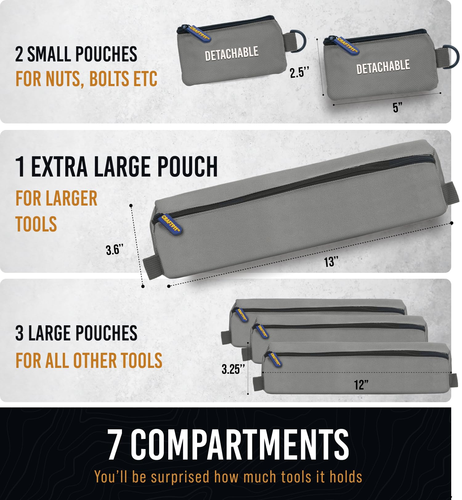 TOUGHEST Roll Up Tool Bag Organizer - 7 Pouches (3 Detachable) Compact Portable Tool Storage Box - 1680D Waterproof Small Tool Bag for Car - Gifts for Dad Mechanic Electrician