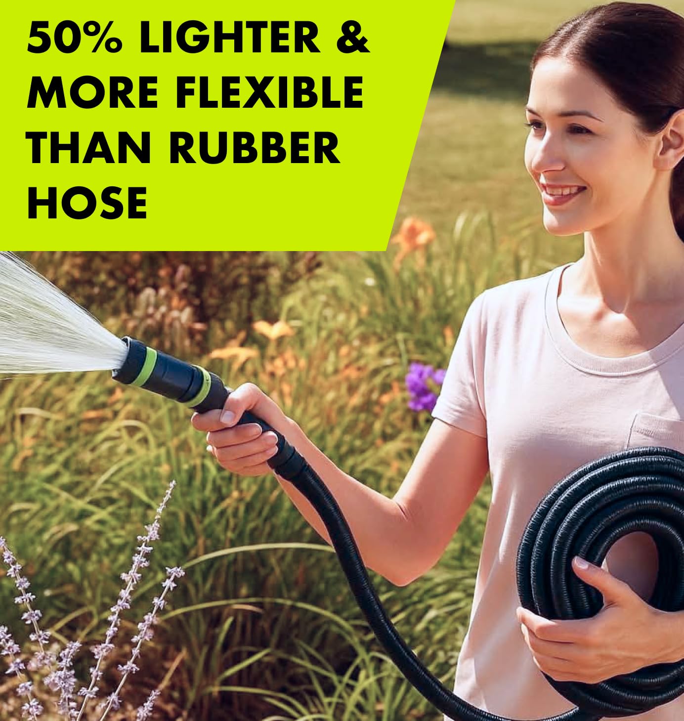 Flexible Garden Hose 50ft – Lightweight, Kink-Free Heavy Duty Water Hose – Abrasion Resistant All-Weather Garden Hose for Yard, Car, Outdoor Use