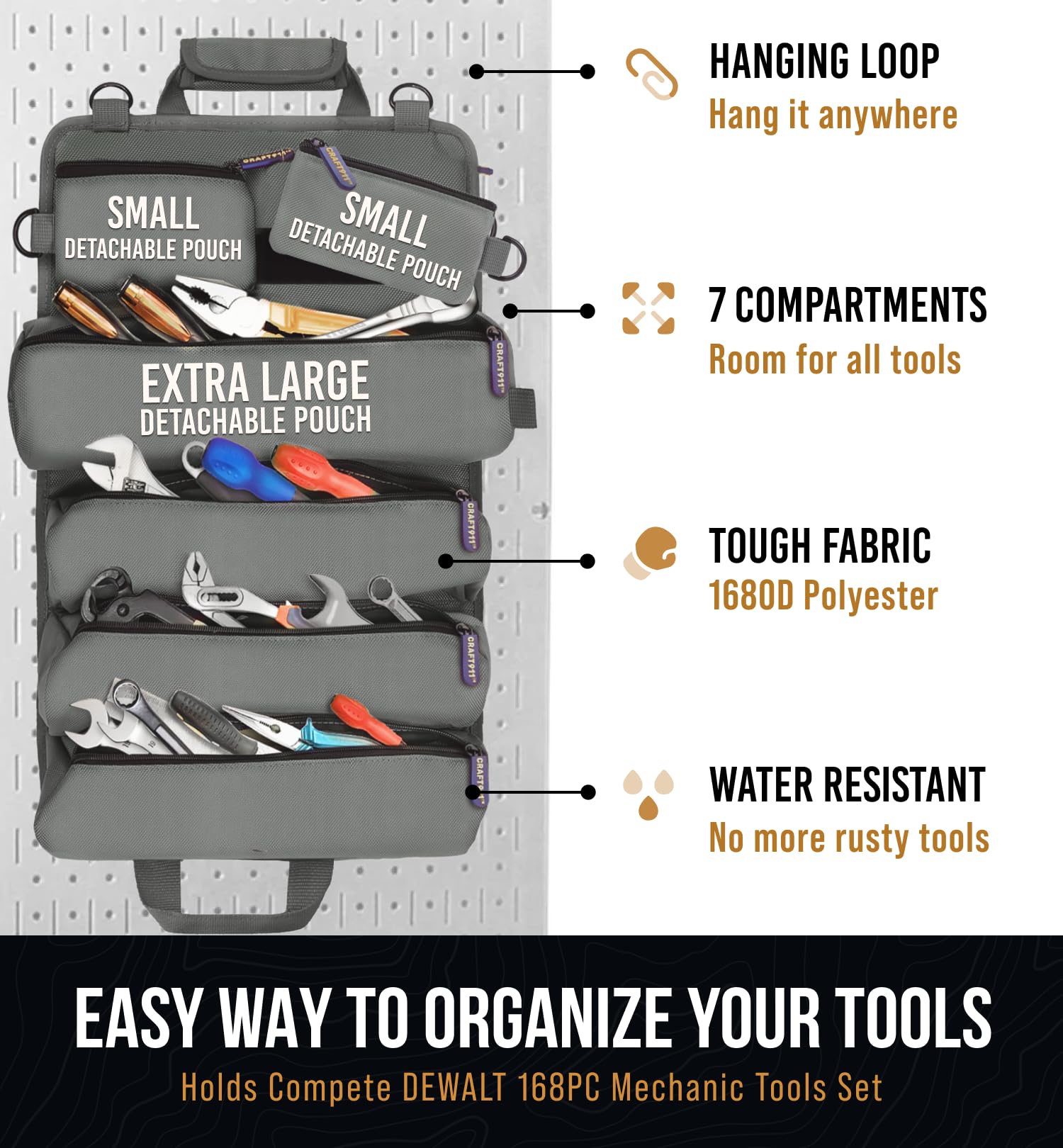 TOUGHEST Roll Up Tool Bag Organizer - 7 Pouches (3 Detachable) Compact Portable Tool Storage Box - 1680D Waterproof Small Tool Bag for Car - Gifts for Dad Mechanic Electrician