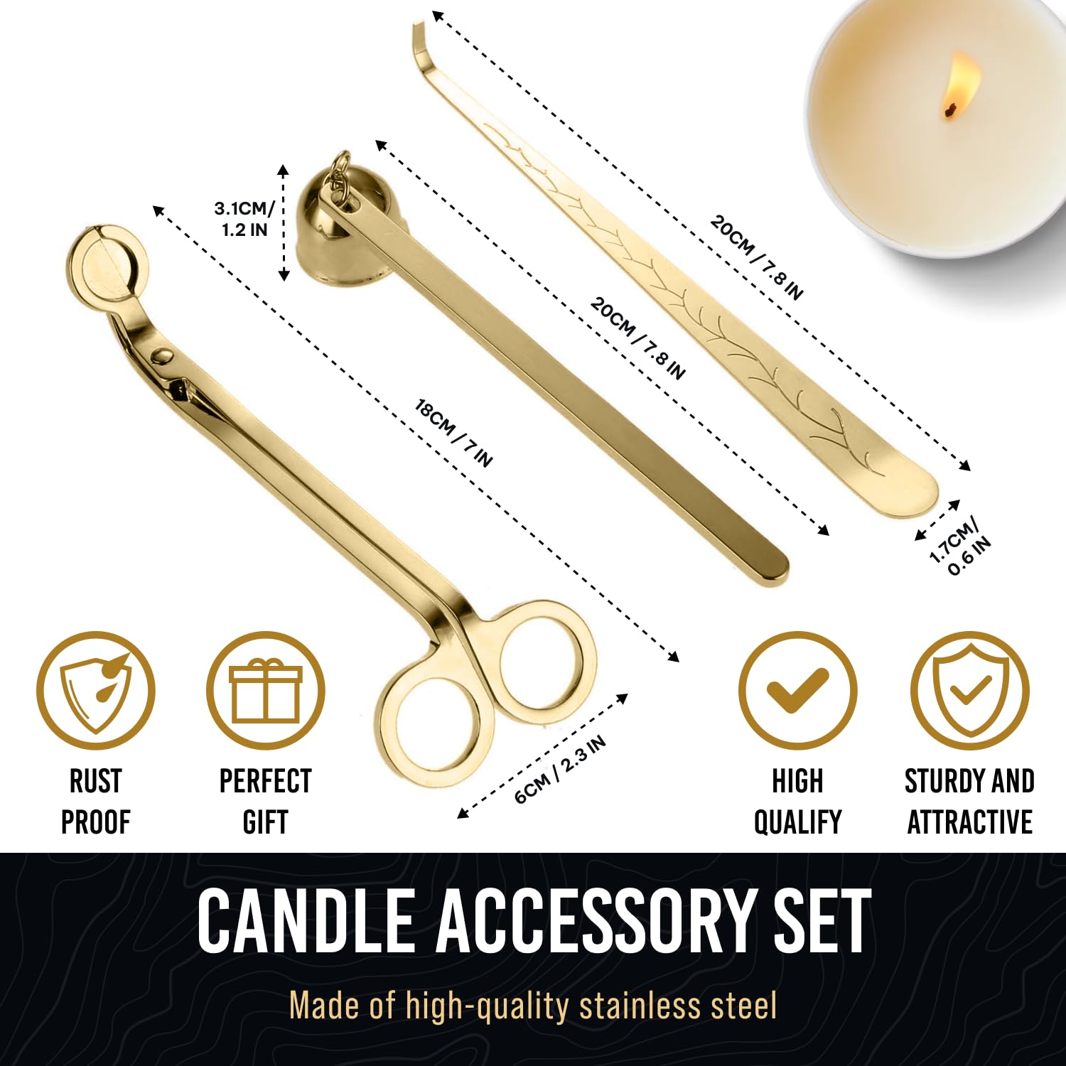 Elegant 3-in-1 Golden Candle Care Kit: Wick Trimmer, Snuffer, Dipper for Candle Enthusiasts