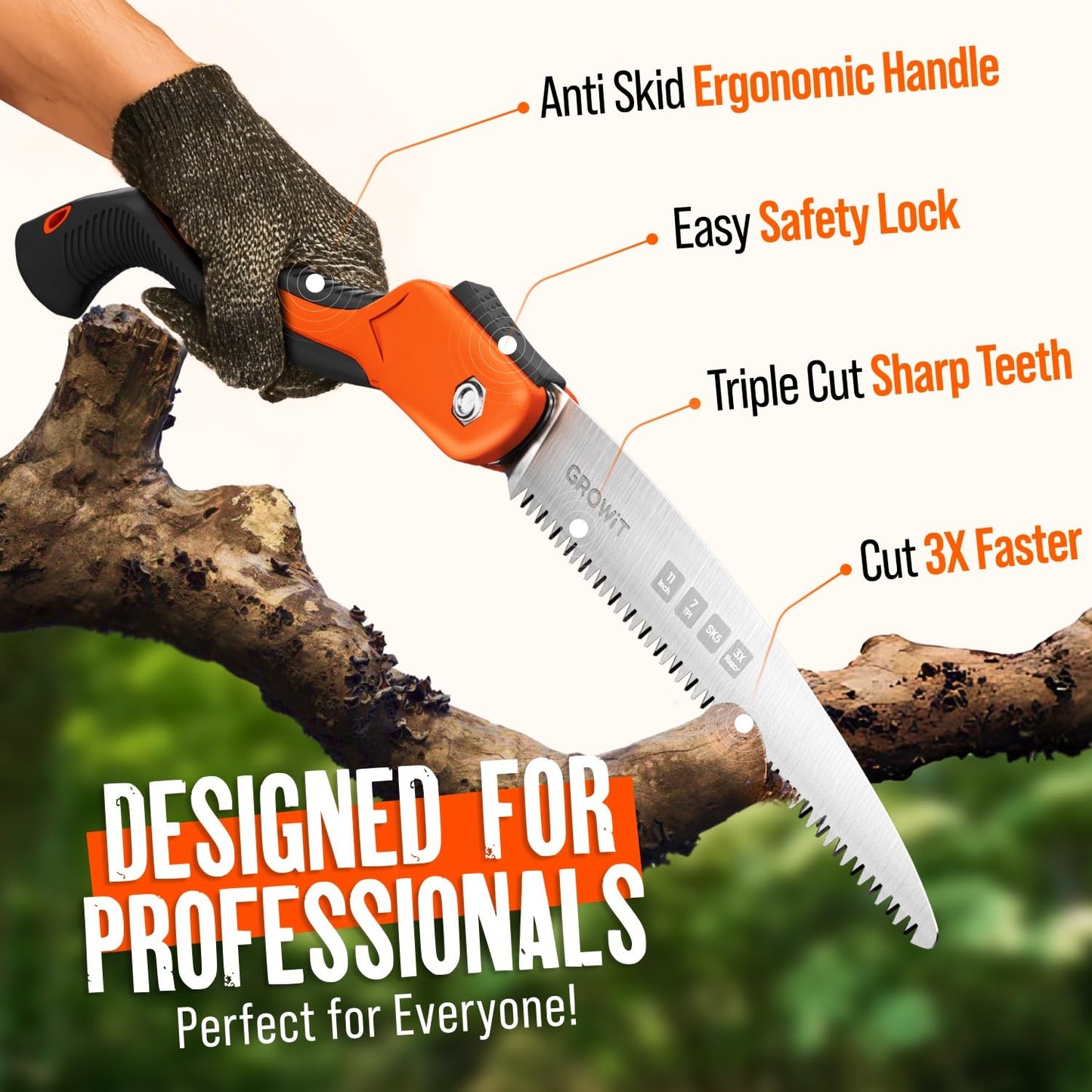 GROWIT Folding saw 11 Inch - Heavy Duty Pruning Saw with Triple-Cut SK5 Blade, 7 TPI Razor Teeth for Tree Trimming, Wood Cutting, Camping, Bushcraft, and Gardening