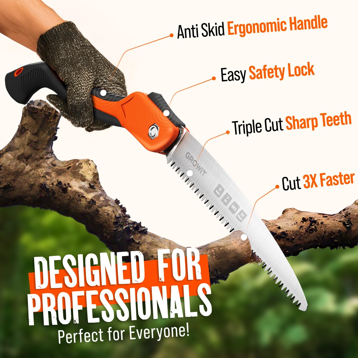 GROWIT Folding saw 11 Inch - Heavy Duty Pruning Saw with Triple-Cut SK5 Blade, 7 TPI Razor Teeth for Tree Trimming, Wood Cutting, Camping, Bushcraft, and Gardening