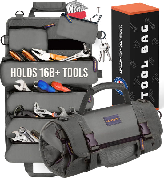 TOUGHEST Roll Up Tool Bag Organizer - 7 Pouches (3 Detachable) Compact Portable Tool Storage Box - 1680D Waterproof Small Tool Bag for Car - Gifts for Dad Mechanic Electrician