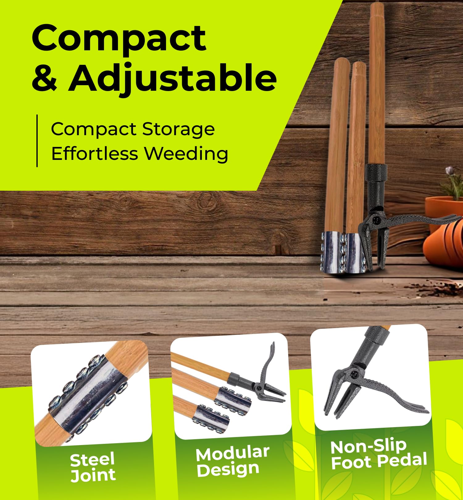 Heavy Duty Weed Puller Tool – Dandelion Weeding Tool – Long Bamboo Handle, Stainless Steel 4 Claw Weeder - Easily Remove Weeds Without Bending
