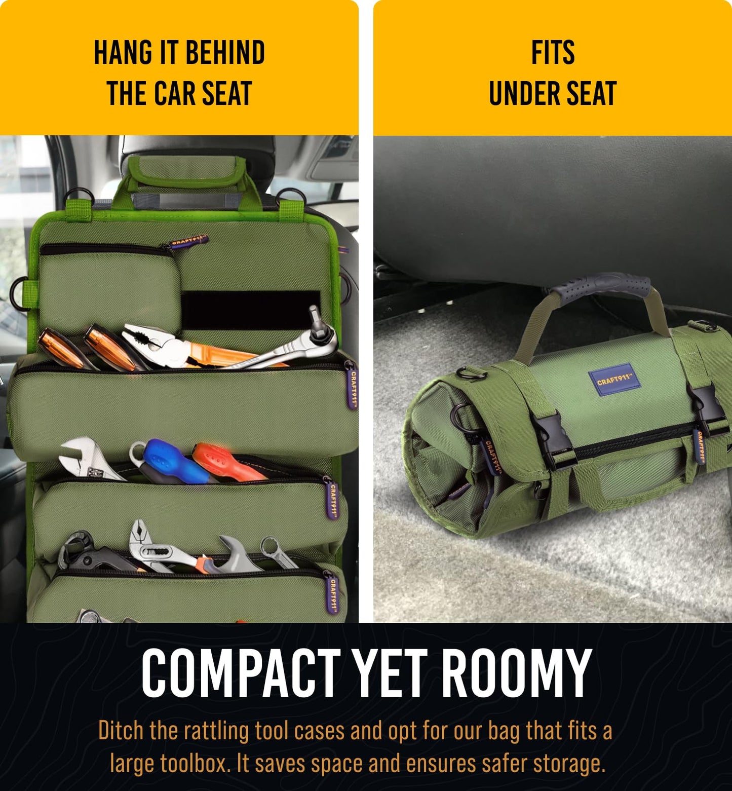 TOUGHEST Roll Up Tool Bag Organizer - 7 Pouches (3 Detachable) Compact Portable Tool Storage Box - 1680D Waterproof Small Tool Bag for Car - Gifts for Dad Mechanic Electrician