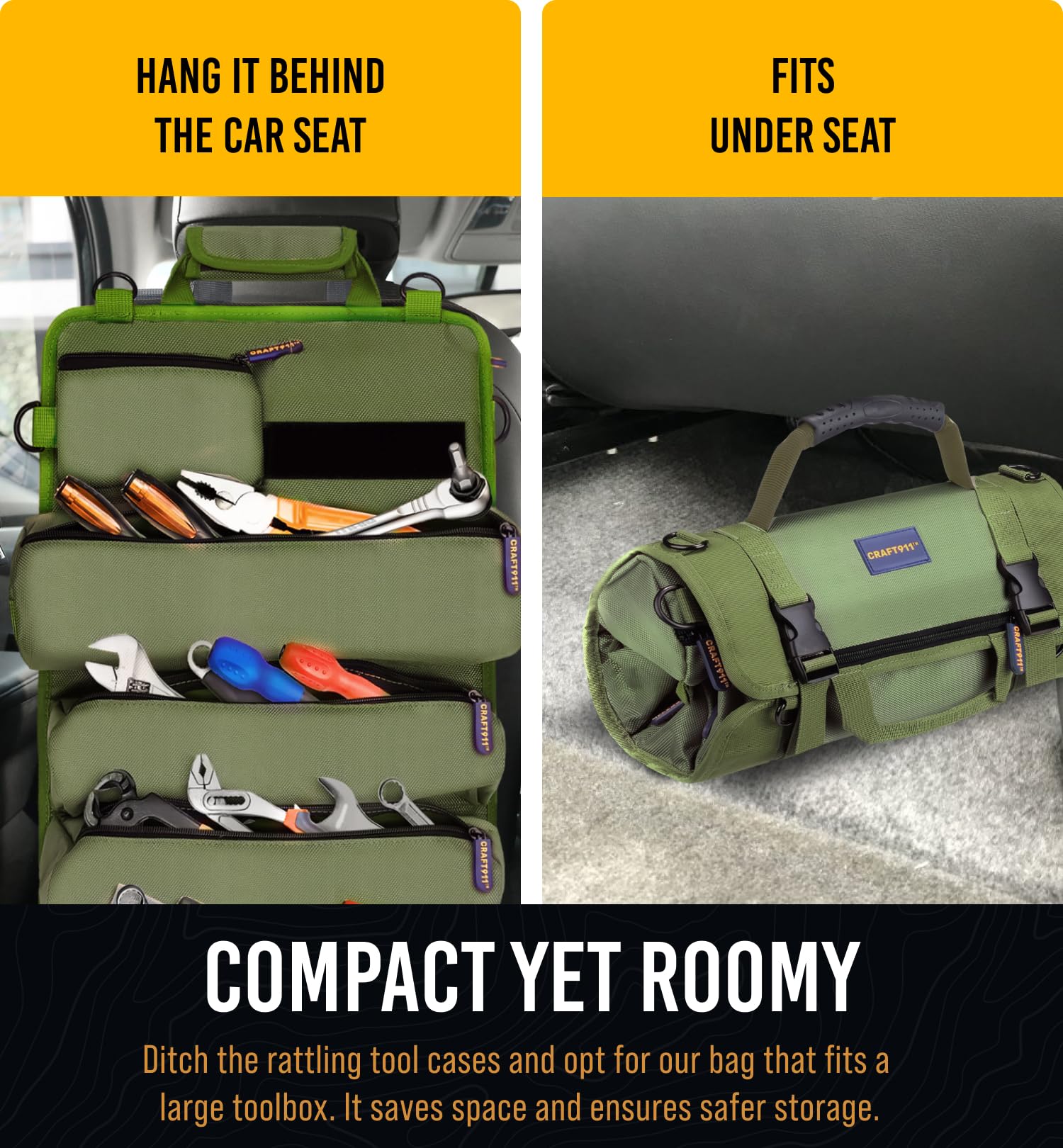TOUGHEST Roll Up Tool Bag Organizer - 7 Pouches (3 Detachable) Compact Portable Tool Storage Box - 1680D Waterproof Small Tool Bag for Car - Gifts for Dad Mechanic Electrician