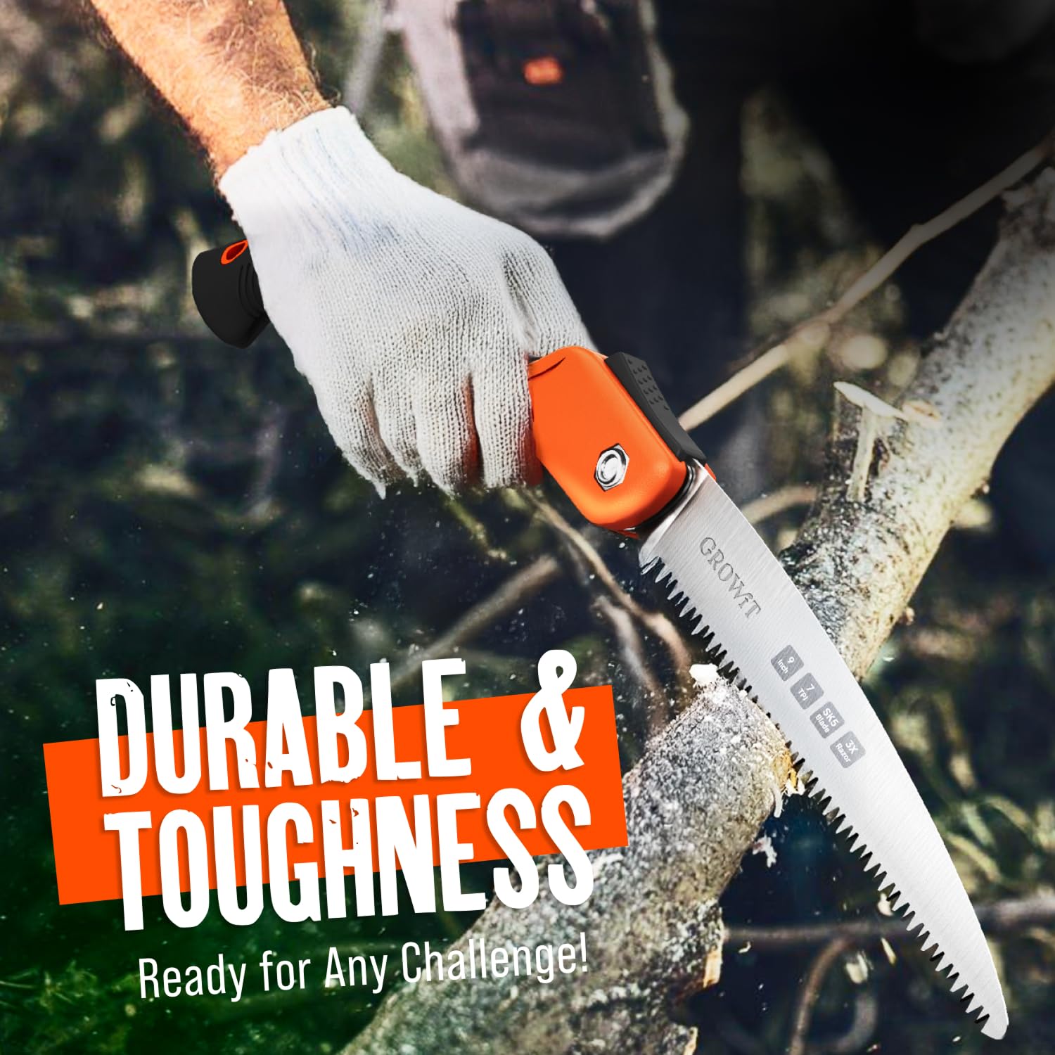 GROWIT Folding saw 11 Inch - Heavy Duty Pruning Saw with Triple-Cut SK5 Blade, 7 TPI Razor Teeth for Tree Trimming, Wood Cutting, Camping, Bushcraft, and Gardening