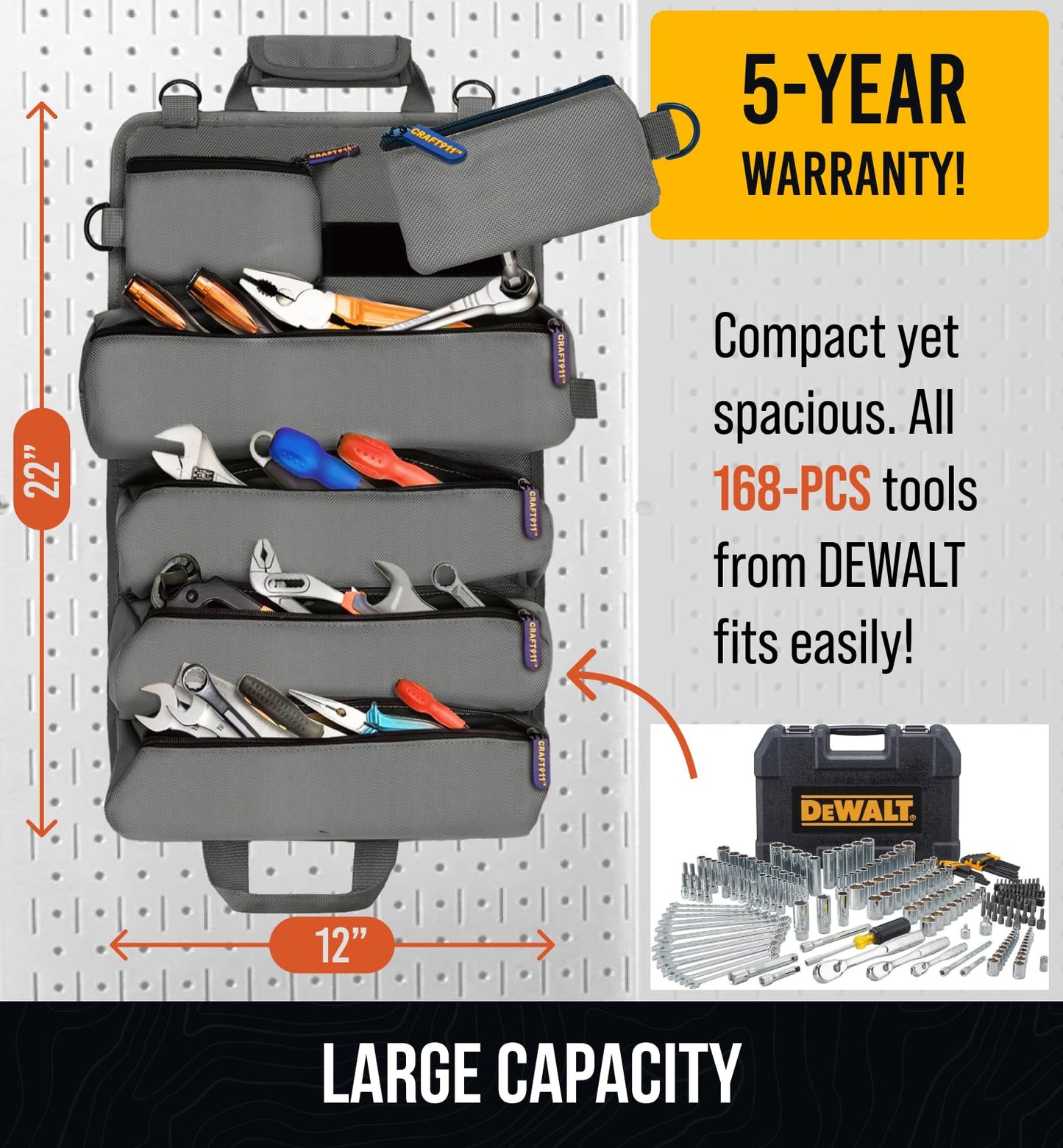TOUGHEST Roll Up Tool Bag Organizer - 7 Pouches (3 Detachable) Compact Portable Tool Storage Box - 1680D Waterproof Small Tool Bag for Car - Gifts for Dad Mechanic Electrician