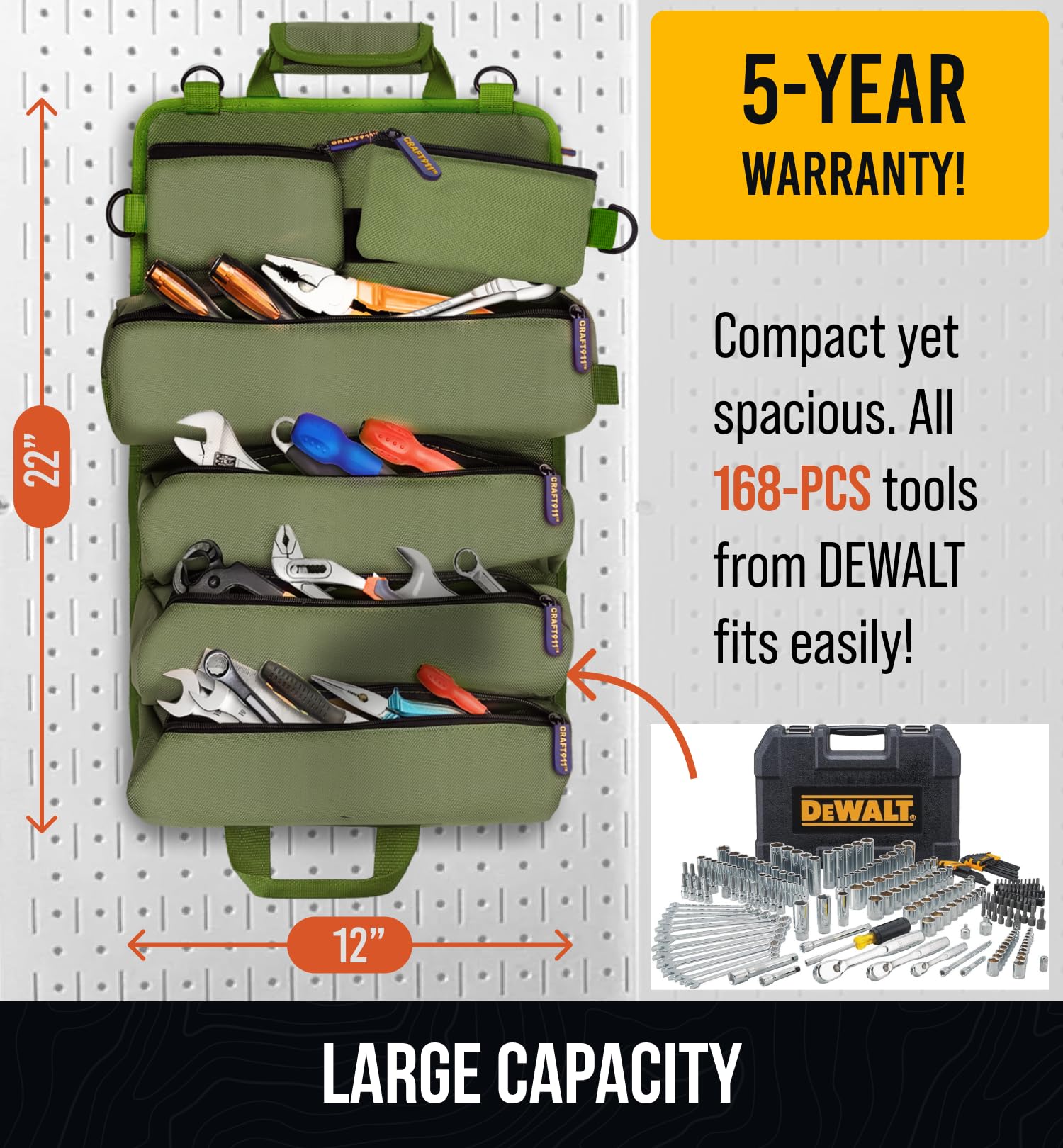 TOUGHEST Roll Up Tool Bag Organizer - 7 Pouches (3 Detachable) Compact Portable Tool Storage Box - 1680D Waterproof Small Tool Bag for Car - Gifts for Dad Mechanic Electrician