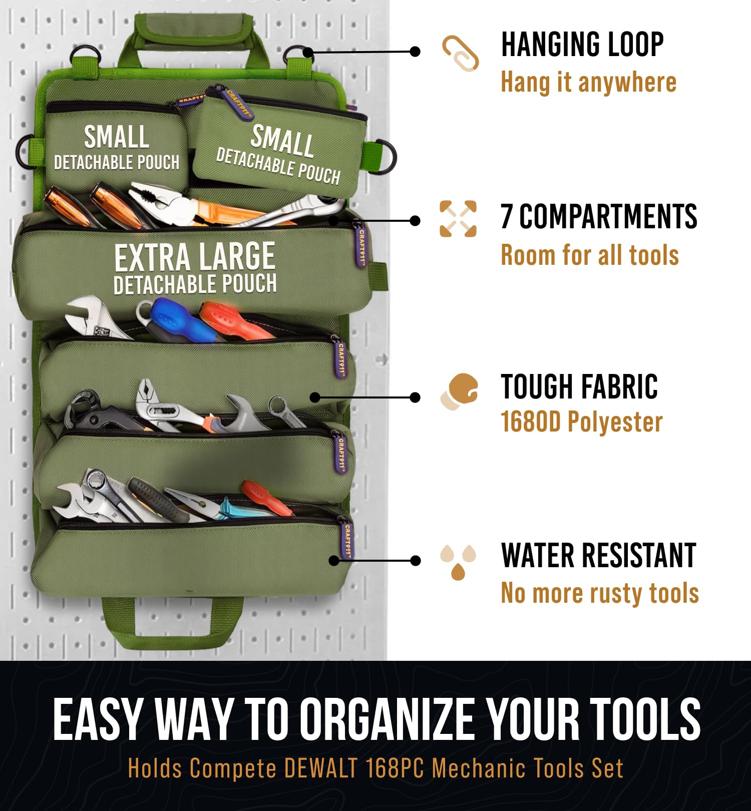 TOUGHEST Roll Up Tool Bag Organizer - 7 Pouches (3 Detachable) Compact Portable Tool Storage Box - 1680D Waterproof Small Tool Bag for Car - Gifts for Dad Mechanic Electrician