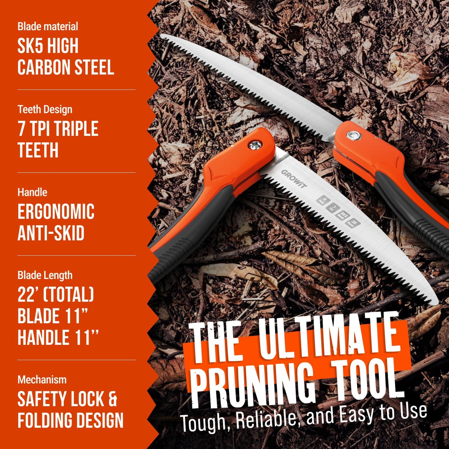 GROWIT Folding saw 11 Inch - Heavy Duty Pruning Saw with Triple-Cut SK5 Blade, 7 TPI Razor Teeth for Tree Trimming, Wood Cutting, Camping, Bushcraft, and Gardening