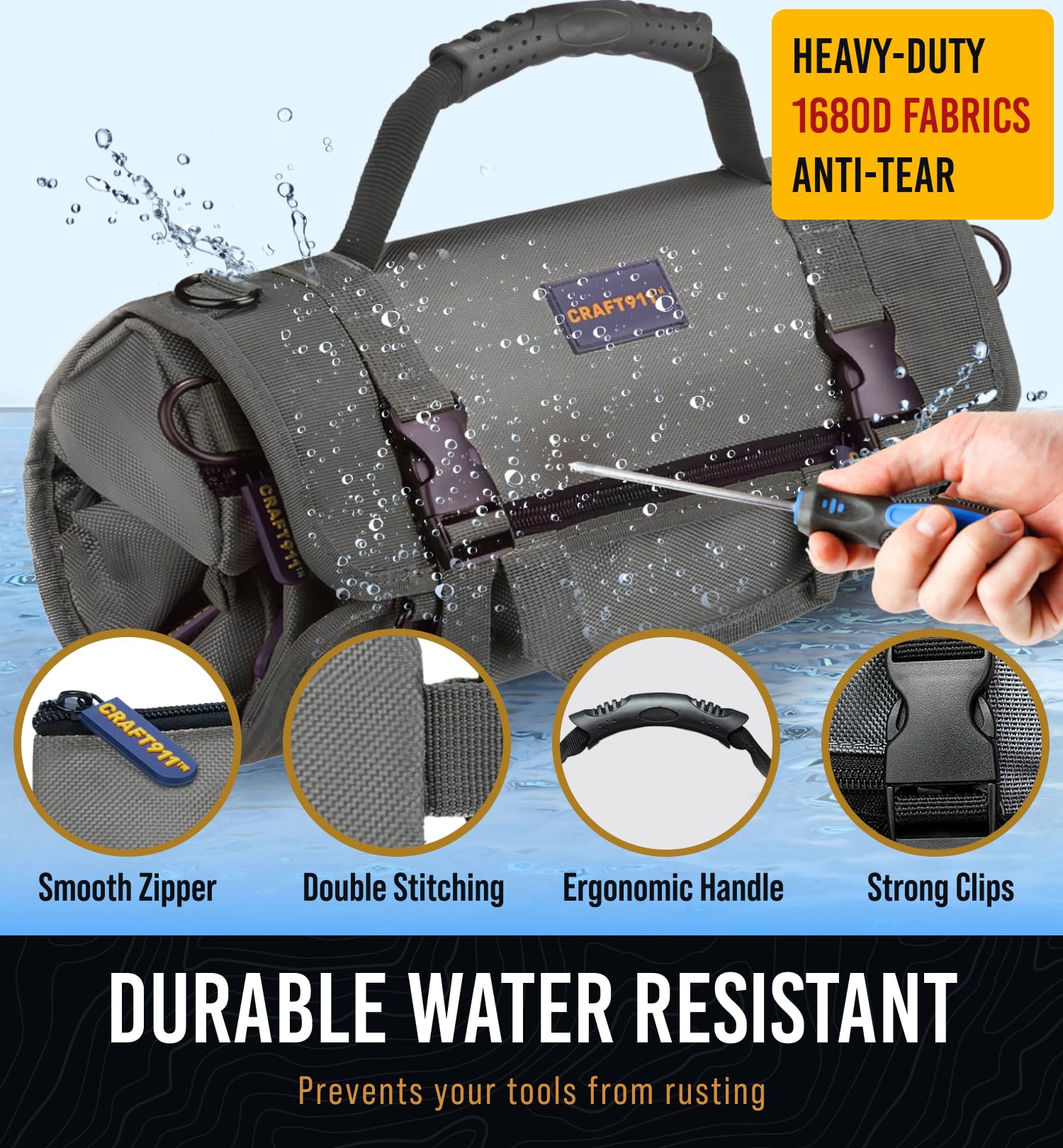 TOUGHEST Roll Up Tool Bag Organizer - 7 Pouches (3 Detachable) Compact Portable Tool Storage Box - 1680D Waterproof Small Tool Bag for Car - Gifts for Dad Mechanic Electrician