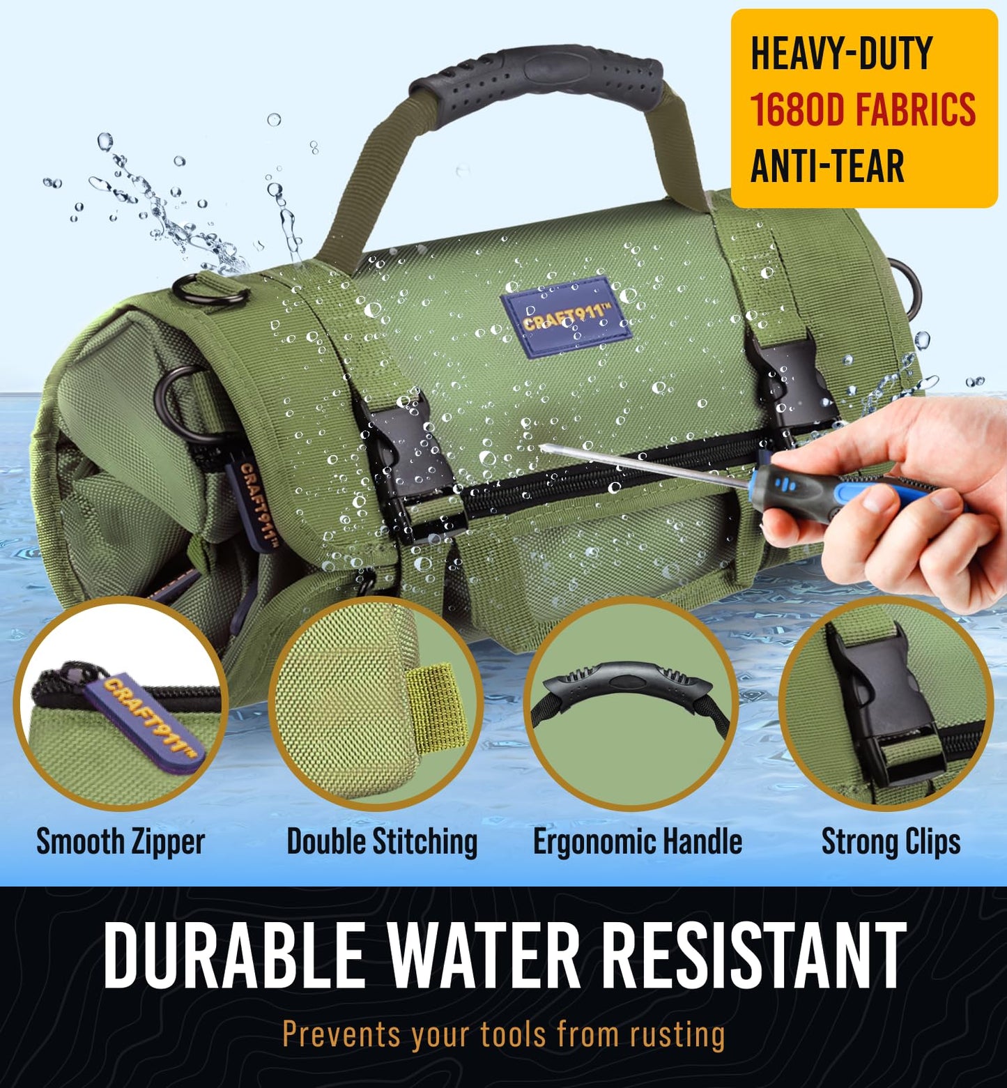 TOUGHEST Roll Up Tool Bag Organizer - 7 Pouches (3 Detachable) Compact Portable Tool Storage Box - 1680D Waterproof Small Tool Bag for Car - Gifts for Dad Mechanic Electrician